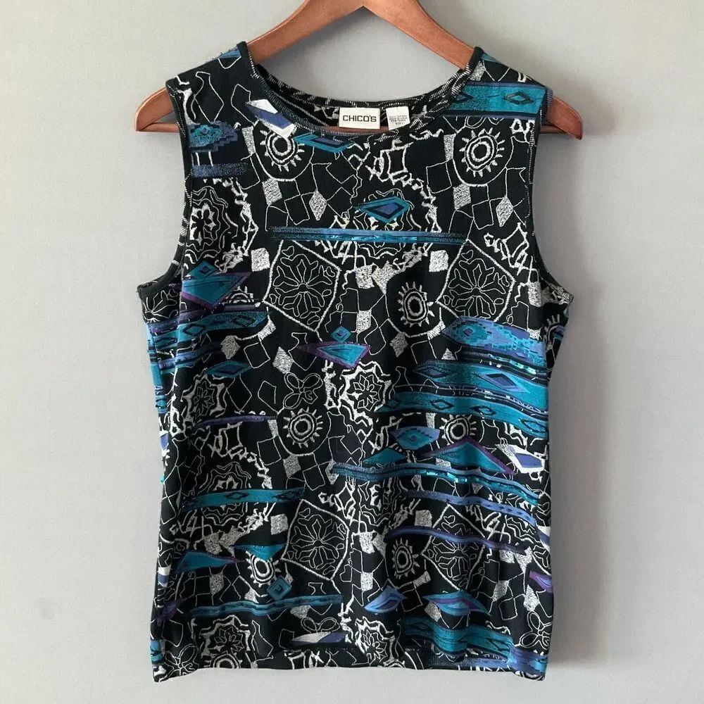Chicos Cotton Shirt Art to Wear Sequin Print Sleeveless Casual Top Size 1 MEDIUM